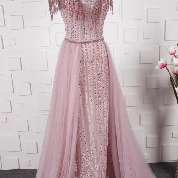 High End Durchsichtige Pink Abendkleider 2020 A Linie Rundhalsausschnitt Ärmel Strass Perlenstickerei Quaste Stoffgürtel Sweep / Pinsel Zug Rüschen Festliche Kleider