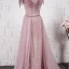 High End Durchsichtige Pink Abendkleider 2020 A Linie Rundhalsausschnitt Ärmel Strass Perlenstickerei Quaste Stoffgürtel Sweep / Pinsel Zug Rüschen Festliche Kleider