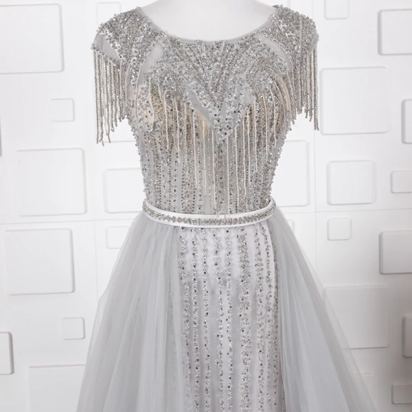 High End Durchsichtige Pink Abendkleider 2020 A Linie Rundhalsausschnitt Ärmel Strass Perlenstickerei Quaste Stoffgürtel Sweep / Pinsel Zug Rüschen Festliche Kleider