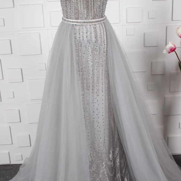 High End Durchsichtige Pink Abendkleider 2020 A Linie Rundhalsausschnitt Ärmel Strass Perlenstickerei Quaste Stoffgürtel Sweep / Pinsel Zug Rüschen Festliche Kleider