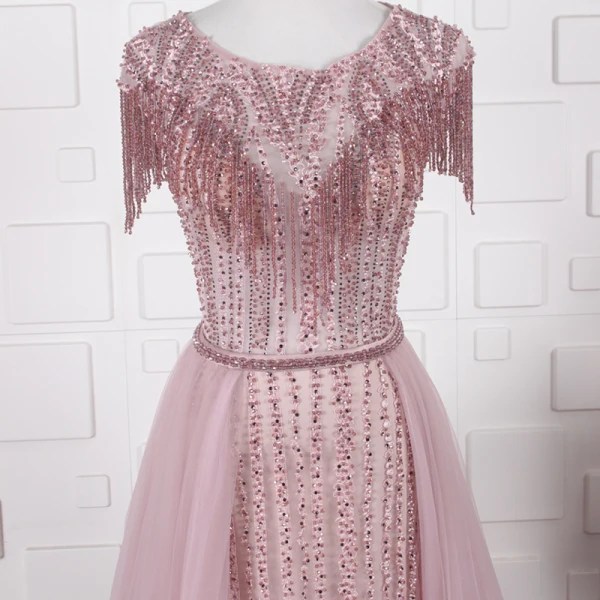 High End Durchsichtige Pink Abendkleider 2020 A Linie Rundhalsausschnitt Ärmel Strass Perlenstickerei Quaste Stoffgürtel Sweep / Pinsel Zug Rüschen Festliche Kleider
