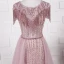 High End Durchsichtige Pink Abendkleider 2020 A Linie Rundhalsausschnitt Ärmel Strass Perlenstickerei Quaste Stoffgürtel Sweep / Pinsel Zug Rüschen Festliche Kleider