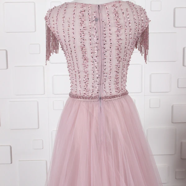 High End Durchsichtige Pink Abendkleider 2020 A Linie Rundhalsausschnitt Ärmel Strass Perlenstickerei Quaste Stoffgürtel Sweep / Pinsel Zug Rüschen Festliche Kleider