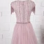 High End Durchsichtige Pink Abendkleider 2020 A Linie Rundhalsausschnitt Ärmel Strass Perlenstickerei Quaste Stoffgürtel Sweep / Pinsel Zug Rüschen Festliche Kleider