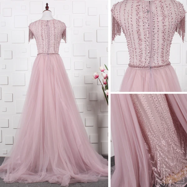 High End Durchsichtige Pink Abendkleider 2020 A Linie Rundhalsausschnitt Ärmel Strass Perlenstickerei Quaste Stoffgürtel Sweep / Pinsel Zug Rüschen Festliche Kleider