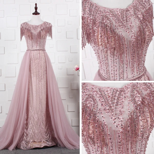 High End Durchsichtige Pink Abendkleider 2020 A Linie Rundhalsausschnitt Ärmel Strass Perlenstickerei Quaste Stoffgürtel Sweep / Pinsel Zug Rüschen Festliche Kleider
