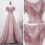 High End Durchsichtige Pink Abendkleider 2020 A Linie Rundhalsausschnitt Ärmel Strass Perlenstickerei Quaste Stoffgürtel Sweep / Pinsel Zug Rüschen Festliche Kleider