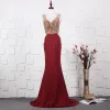 Elegant Red Evening Dresses  2020 A-Line / Princess Deep V-Neck Sleeveless Beading Rhinestone Sweep Train Ruffle Backless Formal Dresses