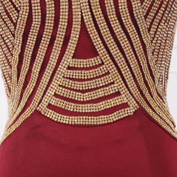 Elegant Red Evening Dresses  2020 A-Line / Princess Deep V-Neck Sleeveless Beading Rhinestone Sweep Train Ruffle Backless Formal Dresses