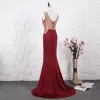 Elegant Red Evening Dresses  2020 A-Line / Princess Deep V-Neck Sleeveless Beading Rhinestone Sweep Train Ruffle Backless Formal Dresses