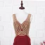 Elegant Red Evening Dresses  2020 A-Line / Princess Deep V-Neck Sleeveless Beading Rhinestone Sweep Train Ruffle Backless Formal Dresses