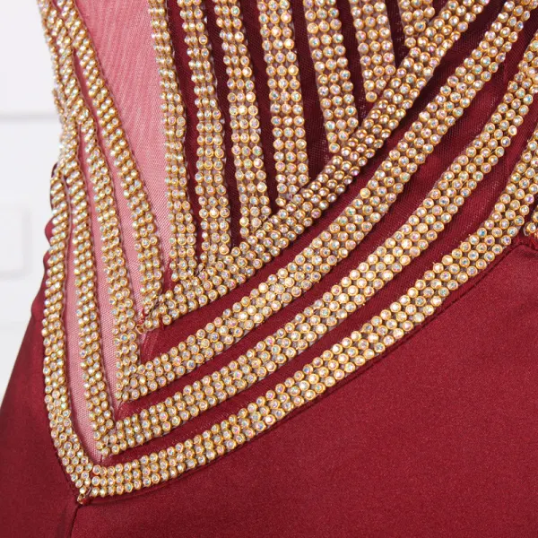 Elegant Red Evening Dresses  2020 A-Line / Princess Deep V-Neck Sleeveless Beading Rhinestone Sweep Train Ruffle Backless Formal Dresses