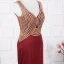 Elegant Red Evening Dresses  2020 A-Line / Princess Deep V-Neck Sleeveless Beading Rhinestone Sweep Train Ruffle Backless Formal Dresses