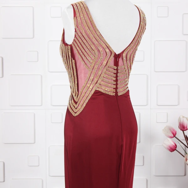 Elegant Red Evening Dresses  2020 A-Line / Princess Deep V-Neck Sleeveless Beading Rhinestone Sweep Train Ruffle Backless Formal Dresses
