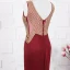 Elegant Red Evening Dresses  2020 A-Line / Princess Deep V-Neck Sleeveless Beading Rhinestone Sweep Train Ruffle Backless Formal Dresses