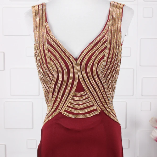 Elegant Red Evening Dresses  2020 A-Line / Princess Deep V-Neck Sleeveless Beading Rhinestone Sweep Train Ruffle Backless Formal Dresses