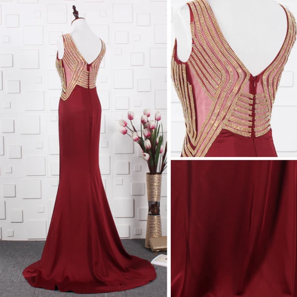 Elegant Red Evening Dresses  2020 A-Line / Princess Deep V-Neck Sleeveless Beading Rhinestone Sweep Train Ruffle Backless Formal Dresses
