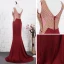 Elegant Red Evening Dresses  2020 A-Line / Princess Deep V-Neck Sleeveless Beading Rhinestone Sweep Train Ruffle Backless Formal Dresses