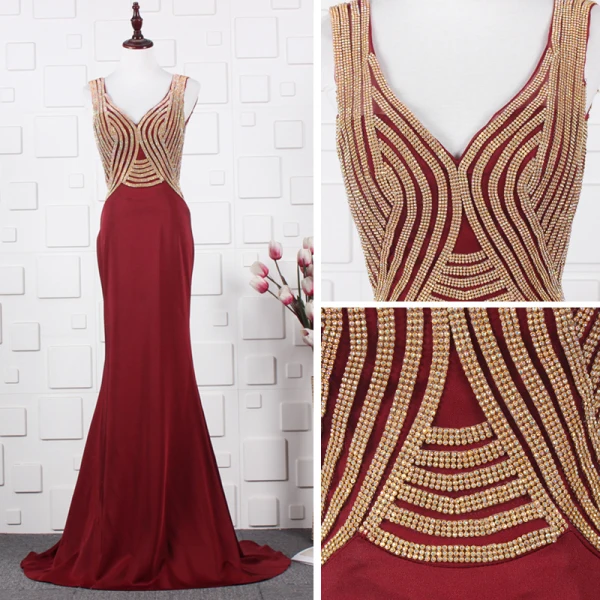 Elegant Red Evening Dresses  2020 A-Line / Princess Deep V-Neck Sleeveless Beading Rhinestone Sweep Train Ruffle Backless Formal Dresses