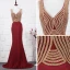 Elegant Red Evening Dresses  2020 A-Line / Princess Deep V-Neck Sleeveless Beading Rhinestone Sweep Train Ruffle Backless Formal Dresses