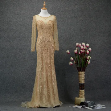 High End Gold See Through Evening Dresses 2020 Trumpet Mermaid Scoop Neck Long Sleeve Handmade Beading Sweep Train Ruffle Formal Dresses