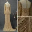 High End Gold Durchsichtige Abendkleider 2020 Meerjungfrau Rundhalsausschnitt Lange Ärmel Handgefertigt Perlenstickerei Sweep / Pinsel Zug Rüschen Festliche Kleider