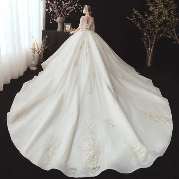 Vintage / Retro Champagne See-through Bridal Wedding Dresses With Shawl 2020 Ball Gown High Neck Sleeveless Backless Glitter Tulle Flower Appliques Lace Beading Cathedral Train Ruffle