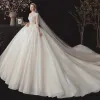Vintage / Retro Champagne See-through Bridal Wedding Dresses With Shawl 2020 Ball Gown High Neck Sleeveless Backless Glitter Tulle Flower Appliques Lace Beading Cathedral Train Ruffle