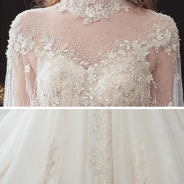 Vintage / Retro Champagne See-through Bridal Wedding Dresses With Shawl 2020 Ball Gown High Neck Sleeveless Backless Glitter Tulle Flower Appliques Lace Beading Cathedral Train Ruffle