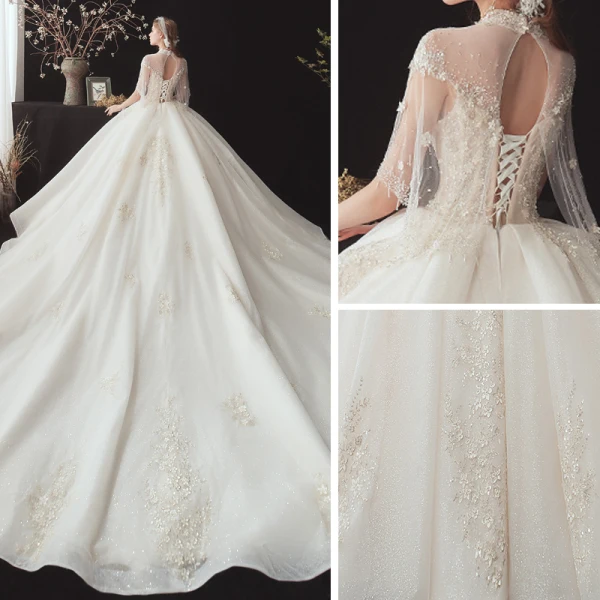 Vintage / Retro Champagne See-through Bridal Wedding Dresses With Shawl 2020 Ball Gown High Neck Sleeveless Backless Glitter Tulle Flower Appliques Lace Beading Cathedral Train Ruffle