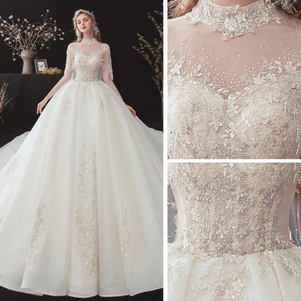 Vintage / Retro Champagne See-through Bridal Wedding Dresses With Shawl 2020 Ball Gown High Neck Sleeveless Backless Glitter Tulle Flower Appliques Lace Beading Cathedral Train Ruffle
