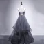 Elegant Grey Evening Dresses  2020 A-Line / Princess Halter Sleeveless Beading Floor-Length / Long Ruffle Backless Formal Dresses