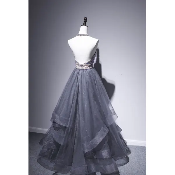 Elegant Grey Evening Dresses  2020 A-Line / Princess Halter Sleeveless Beading Floor-Length / Long Ruffle Backless Formal Dresses