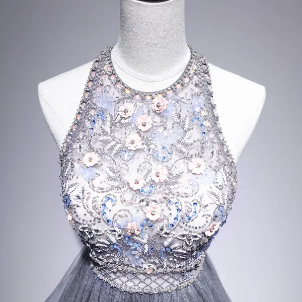 Elegant Grey Evening Dresses  2020 A-Line / Princess Halter Sleeveless Beading Floor-Length / Long Ruffle Backless Formal Dresses