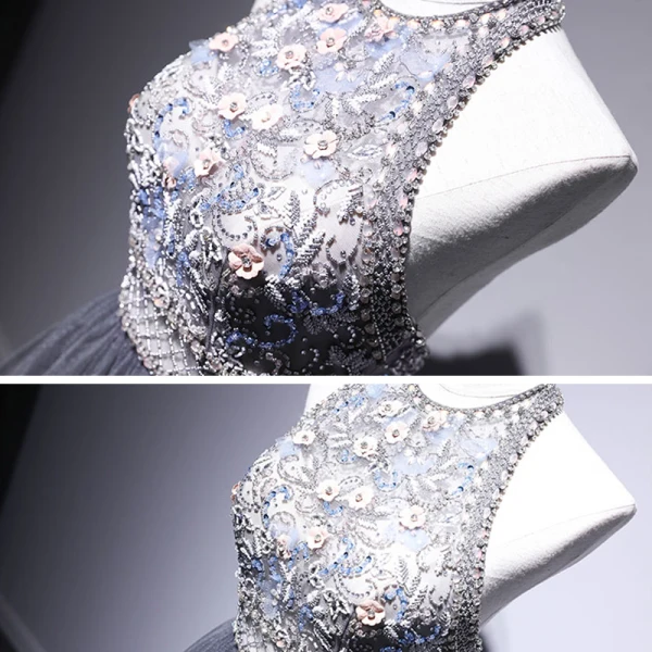 Elegant Grey Evening Dresses  2020 A-Line / Princess Halter Sleeveless Beading Floor-Length / Long Ruffle Backless Formal Dresses