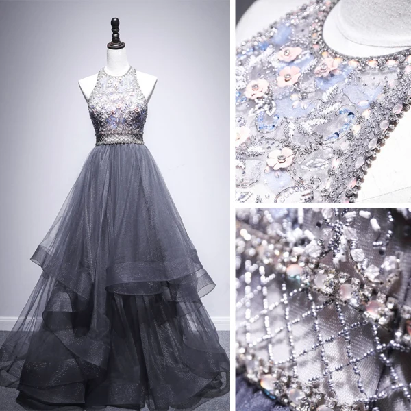 Elegant Grey Evening Dresses  2020 A-Line / Princess Halter Sleeveless Beading Floor-Length / Long Ruffle Backless Formal Dresses