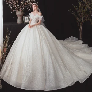 Chic Beautiful Champagne Bridal Wedding Dresses 2020 Ball Gown Off The Shoulder Short Sleeve Backless Glitter Tulle Appliques Lace Sequins Beading Cathedral Train Ruffle