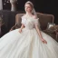 Chic / Belle Champagne La Mariée Robe De Mariée 2020 Robe Boule De l'épaule Manches Courtes Dos Nu Glitter Tulle Appliques En Dentelle Paillettes Perlage Cathedral Train Volants