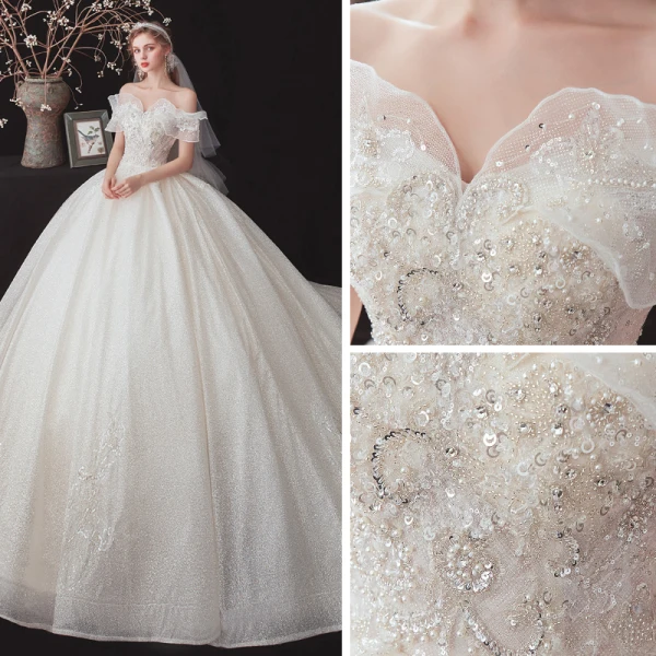 Chic / Belle Champagne La Mariée Robe De Mariée 2020 Robe Boule De l'épaule Manches Courtes Dos Nu Glitter Tulle Appliques En Dentelle Paillettes Perlage Cathedral Train Volants