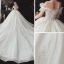 Chic / Belle Champagne La Mariée Robe De Mariée 2020 Robe Boule De l'épaule Manches Courtes Dos Nu Glitter Tulle Appliques En Dentelle Paillettes Perlage Cathedral Train Volants