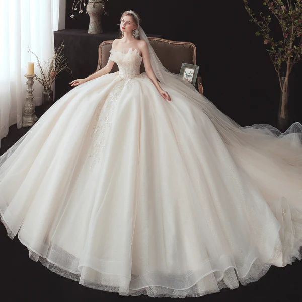 Chic / Beautiful Champagne Bridal Wedding Dresses 2020 Ball Gown Strapless Sleeveless Backless Appliques Sequins Beading Glitter Tulle Cathedral Train Ruffle