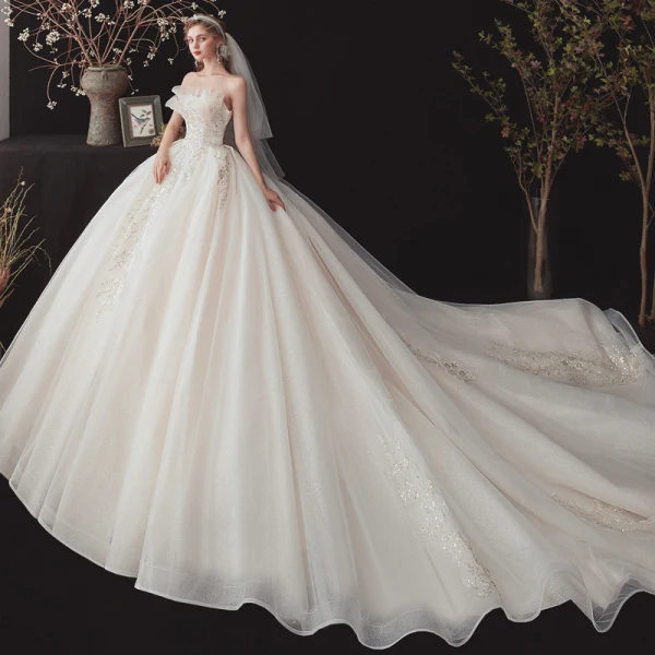 Chic / Beautiful Champagne Bridal Wedding Dresses 2020 Ball Gown Strapless Sleeveless Backless Appliques Sequins Beading Glitter Tulle Cathedral Train Ruffle