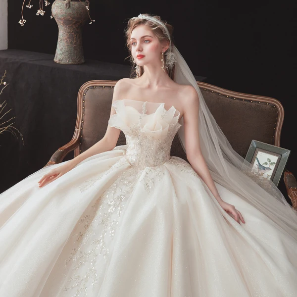 Chic / Beautiful Champagne Bridal Wedding Dresses 2020 Ball Gown Strapless Sleeveless Backless Appliques Sequins Beading Glitter Tulle Cathedral Train Ruffle