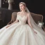 Chic / Beautiful Champagne Bridal Wedding Dresses 2020 Ball Gown Strapless Sleeveless Backless Appliques Sequins Beading Glitter Tulle Cathedral Train Ruffle