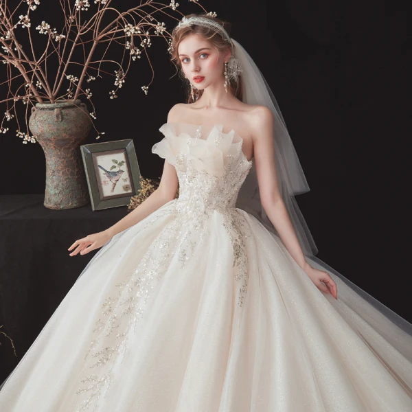 Chic / Beautiful Champagne Bridal Wedding Dresses 2020 Ball Gown Strapless Sleeveless Backless Appliques Sequins Beading Glitter Tulle Cathedral Train Ruffle