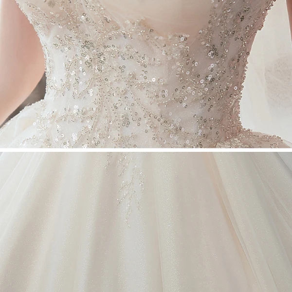 Chic / Beautiful Champagne Bridal Wedding Dresses 2020 Ball Gown Strapless Sleeveless Backless Appliques Sequins Beading Glitter Tulle Cathedral Train Ruffle