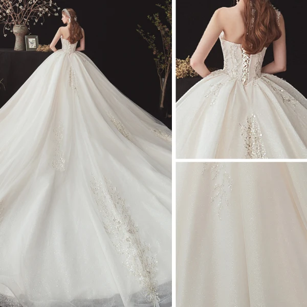 Chic / Beautiful Champagne Bridal Wedding Dresses 2020 Ball Gown Strapless Sleeveless Backless Appliques Sequins Beading Glitter Tulle Cathedral Train Ruffle