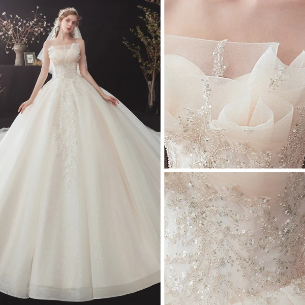 Chic / Beautiful Champagne Bridal Wedding Dresses 2020 Ball Gown Strapless Sleeveless Backless Appliques Sequins Beading Glitter Tulle Cathedral Train Ruffle
