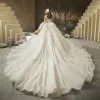 Oszałamiający Szampan ślubna Suknie Ślubne 2020 Suknia Balowa Kochanie Bez Rękawów Bez Pleców Cekiny Frezowanie Cekinami Tiulowe Trenem Katedra Wzburzyć