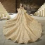 High-end Champagne Bridal Wedding Dresses 2020 Ball Gown Off-The-Shoulder Short Sleeve Backless Beading Appliques Lace Glitter Tulle Cathedral Train Ruffle